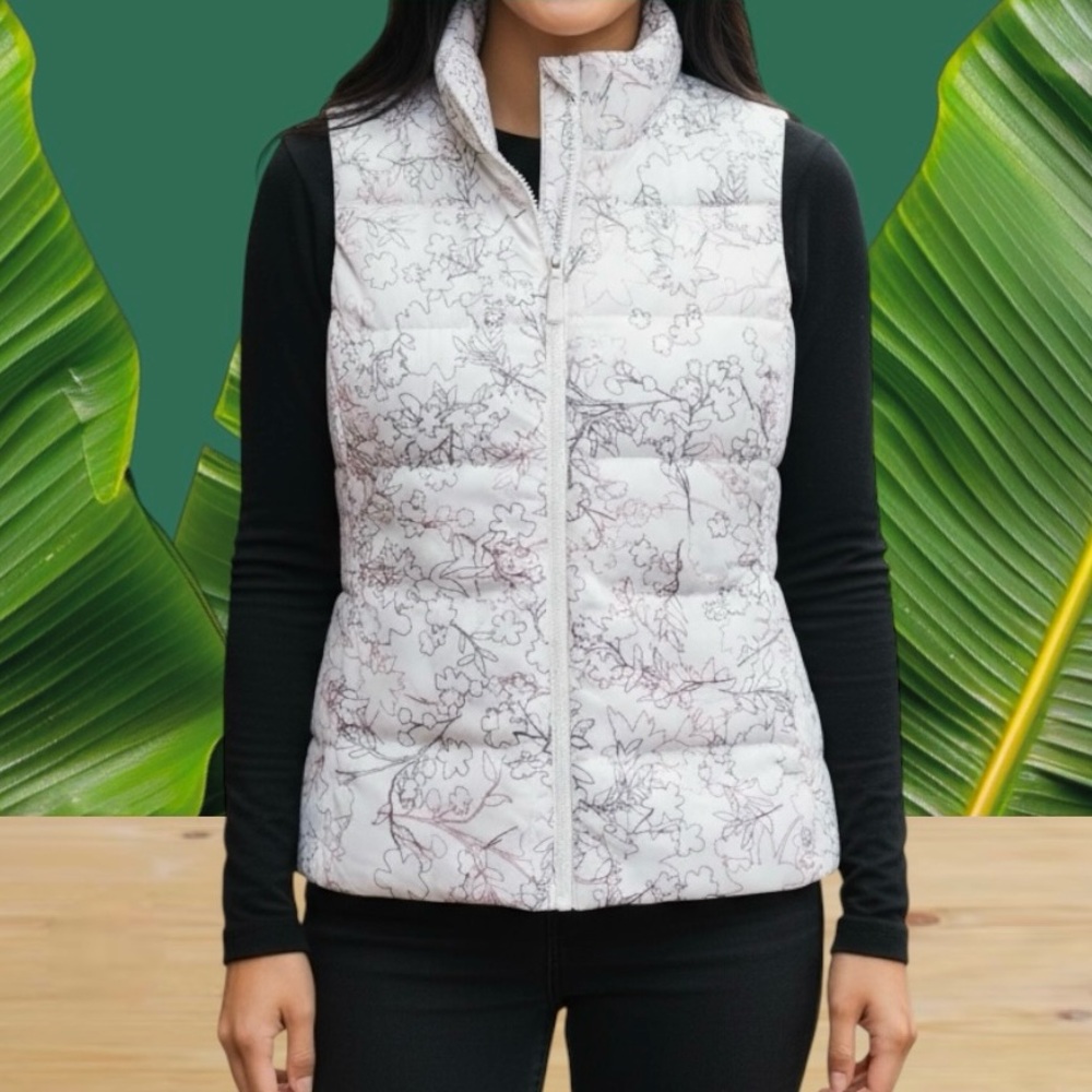 Lands' End Down Puffer Vest Ivory Red Floral Print Pockets Full Zip Sz M